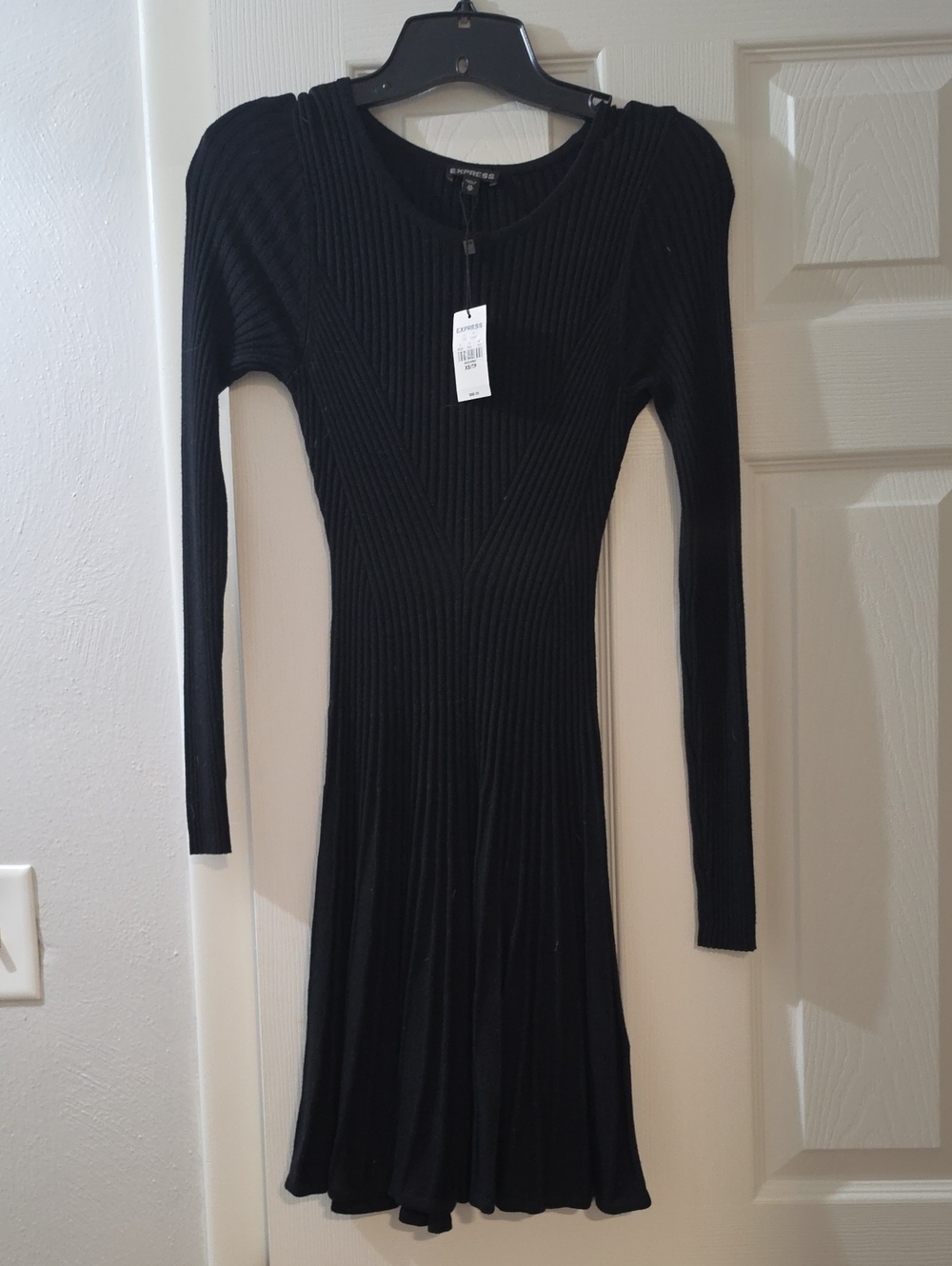 Express Black Ribbed Long-Sleeve Fit-and-Flare Dress